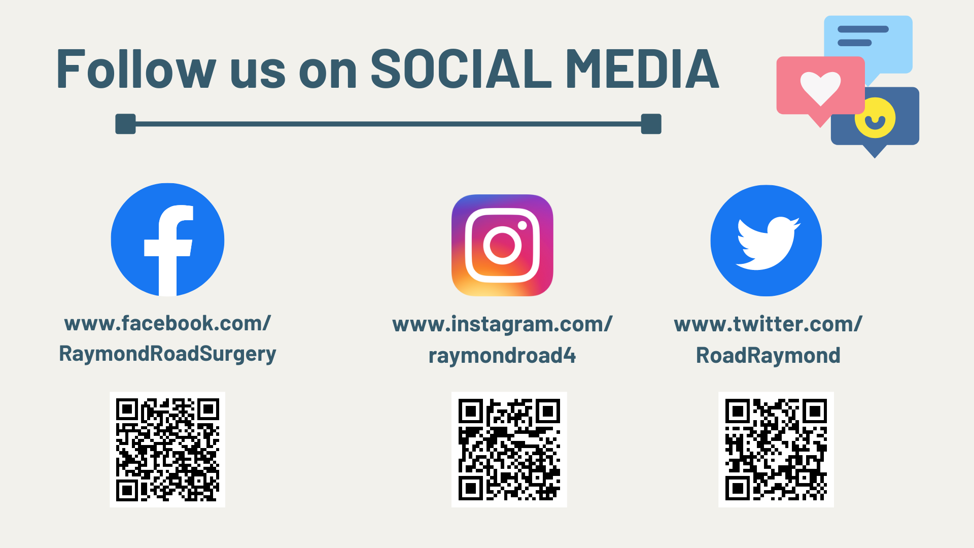 Follow us on Social Media - Raymond Road Surgery